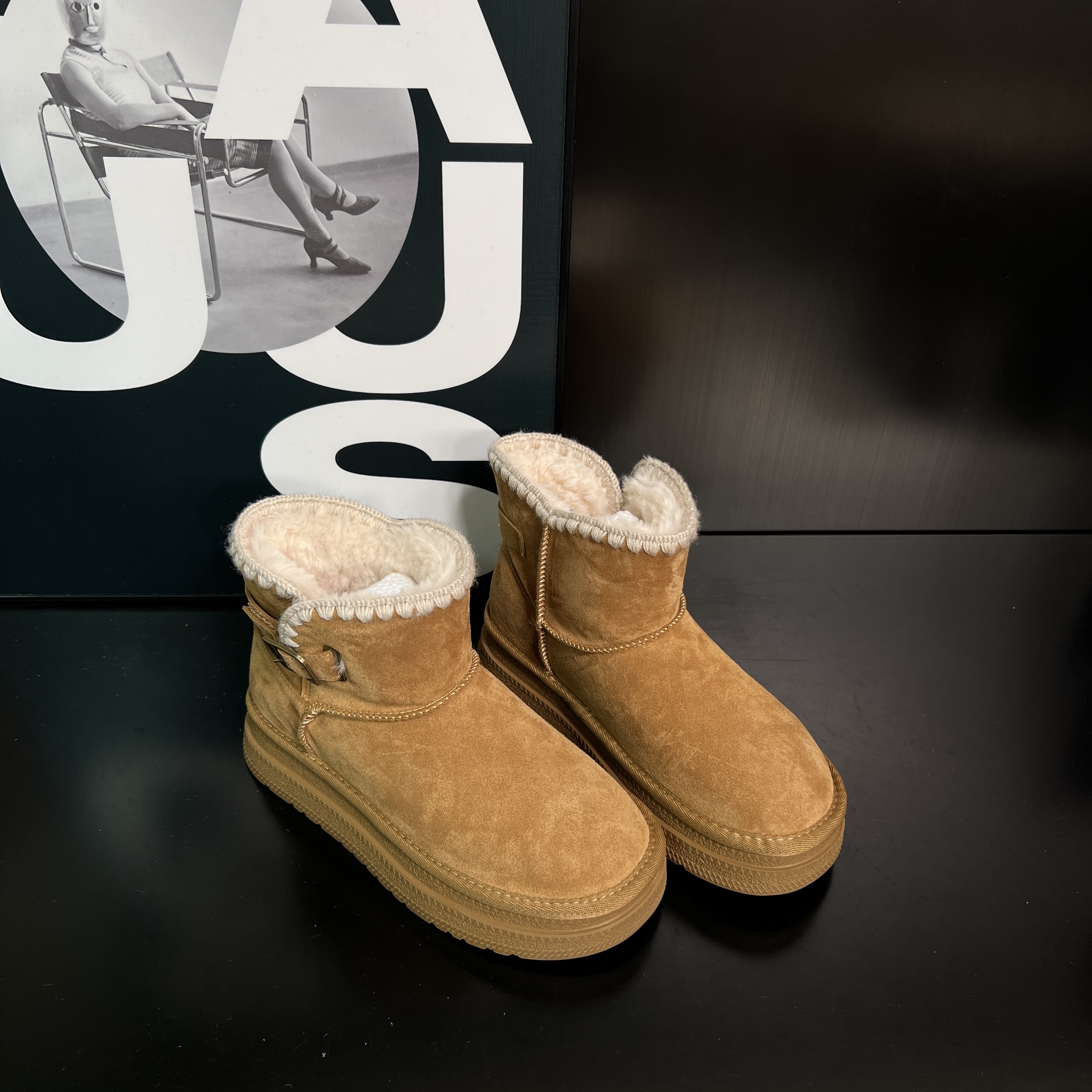 2025冬季新款时尚个性复古编织雪地靴皮带扣百搭休闲保暖舒适加绒