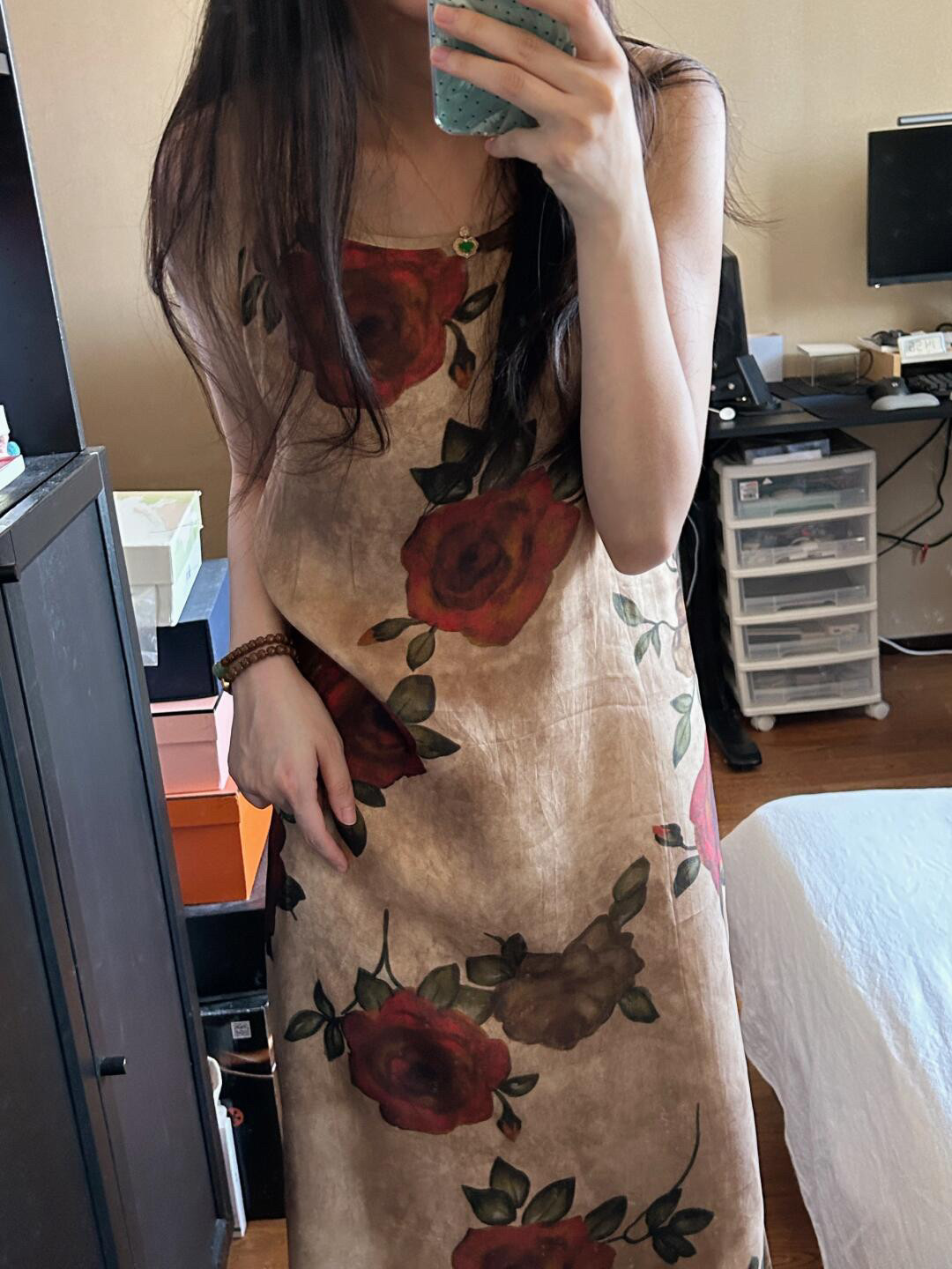 UMASTAND·脏染玫瑰印花吊带裙 进口铜氨丝面料