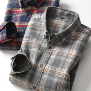 衬衣男款 纯棉 衬衫 春秋优质长绒棉格子长袖 出口外贸原单尾货男士