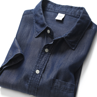 100天丝 出口外贸原单尾货夏季宽松透气休闲牛仔衬衫男款短袖衬衣