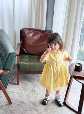 女童宝宝纯棉连衣裙短袖花边小清新牛津布蝴蝶结奶黄色