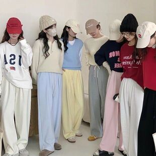 长女直筒百搭阔腿裤色裤子棉质宽松早秋新款韩版马卡龙休闲运动裤