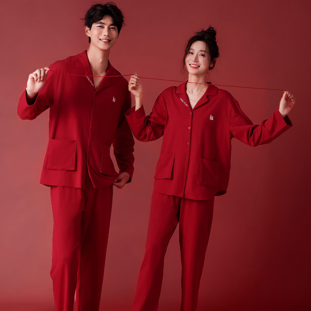 伊姿娇娜春秋季新款男女士情侣开衫长袖红色睡衣套装婚庆本命年