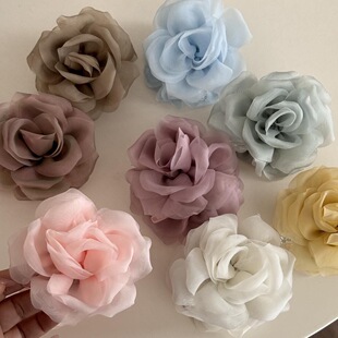 轻纱黄玫瑰发夹网纱玫瑰花朵抓夹高级感气质盘发鲨鱼夹发卡发饰女