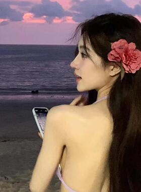 海边日落拍照发饰唯美红色花朵发夹侧边夹子刘海夹头花发卡头饰女
