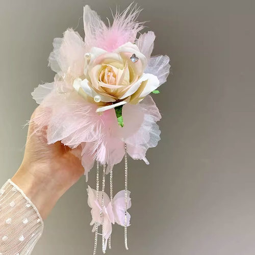 超仙花朵羽毛流苏抓夹女2025新款