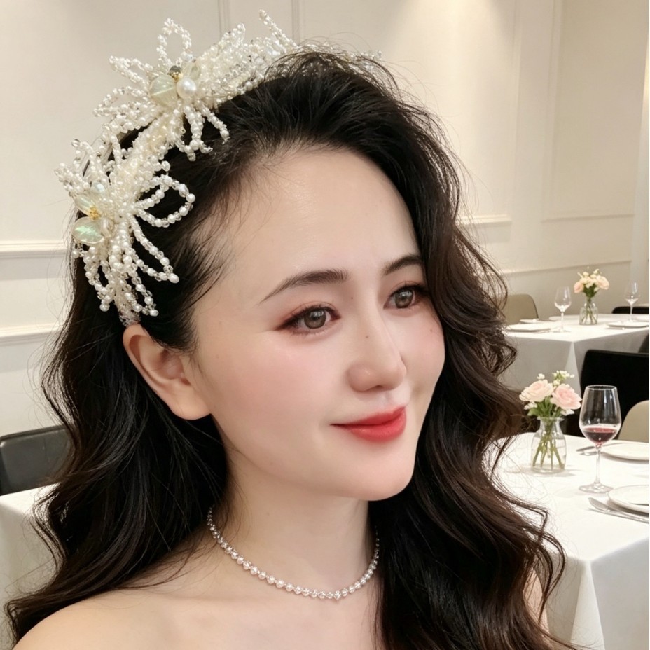 重工珍珠串珠扭花新娘头饰奢华