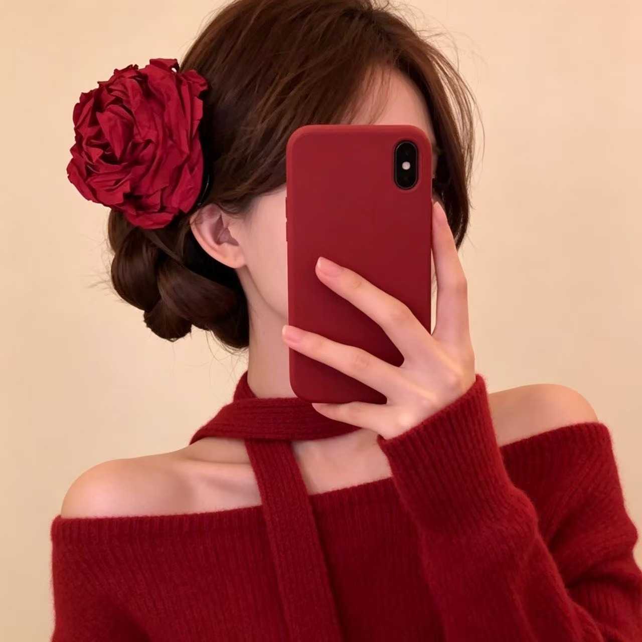 复古红色大玫瑰抓夹氛围感花朵