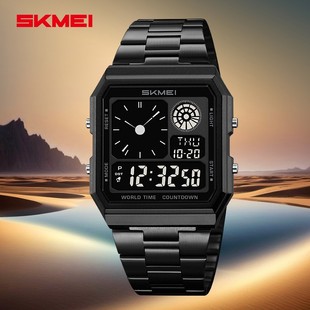 时刻美电子手表方形男女时尚钢带运动手表多功能电子表学生闹铃