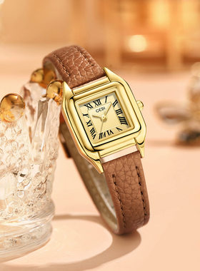 歌迪时尚款小巧精致小方盘女表新款轻奢复古皮带腕表女士石英手表