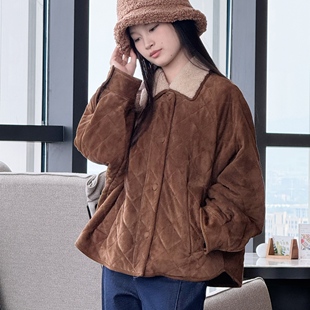 2025新款 羊反绒焦糖棕菱格保暖百搭外套 上衣轻奢翻领宽松中长款