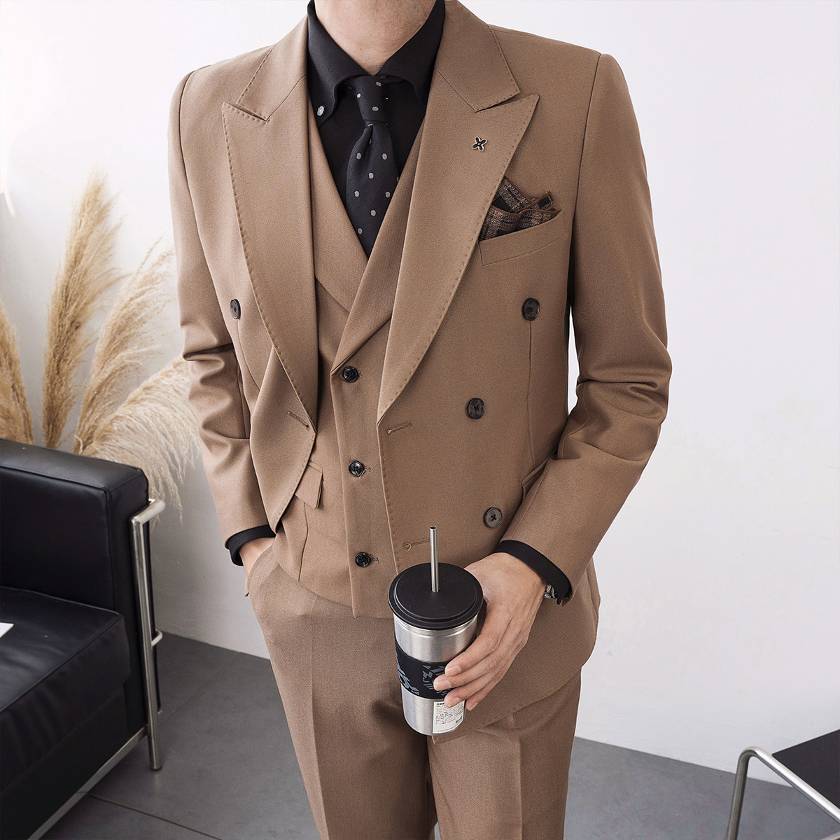 2022主推男士英伦风双排扣尖领西装多色商务西服灰XZ315-P155,男装西服套装,电商A407
