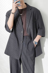 ins轻熟风纯色宽松落肩中袖西服外套男青年西装灰XZ285/P135控198图片
