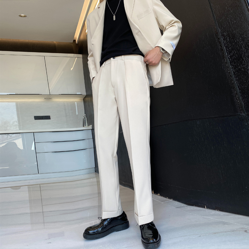 男士网红垂感阔腿裤宽松直筒松紧腰长裤男西装裤K267-P75控98-杏，男装西服套装，电商A407