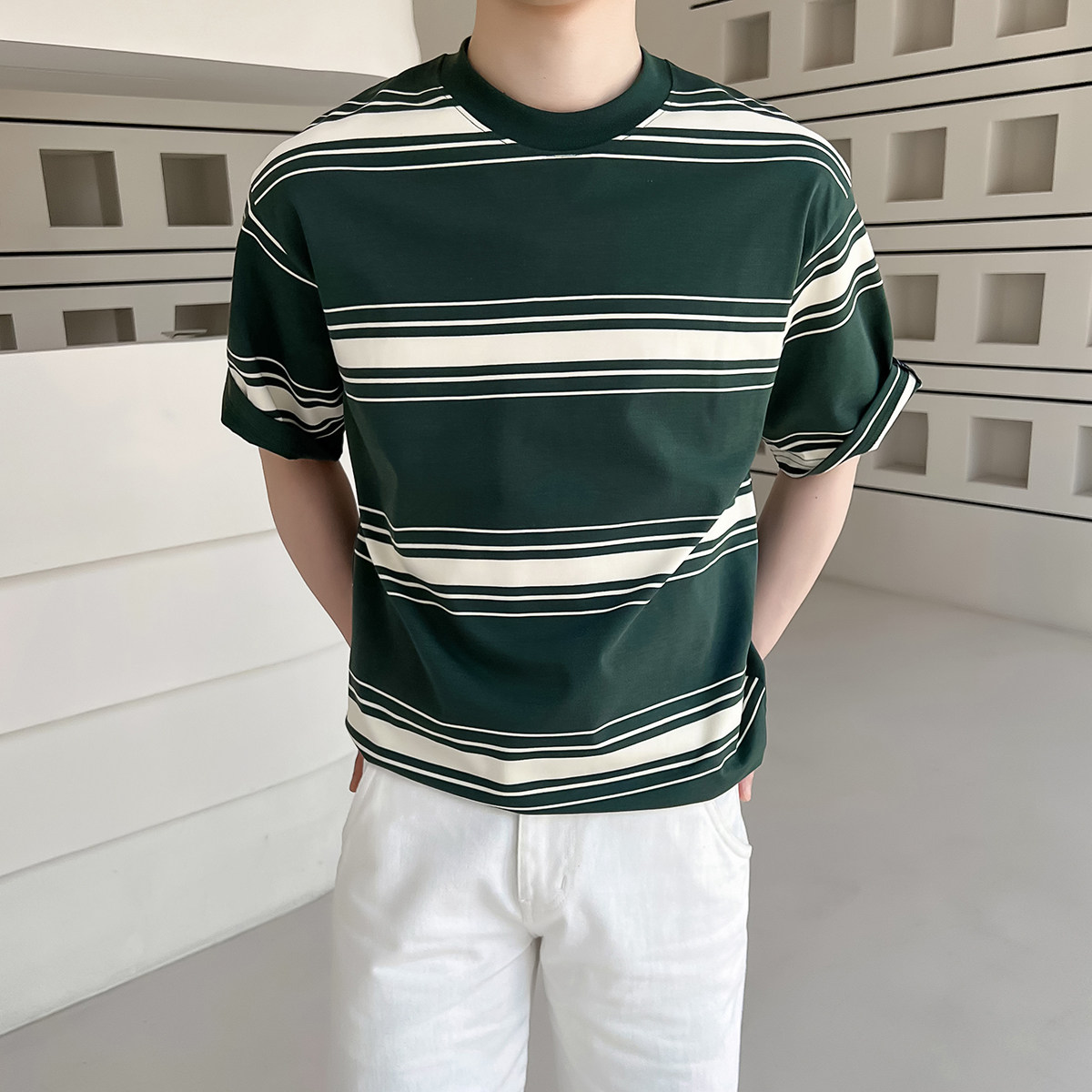 轻熟风男士夏季条纹拼色宽松落肩T恤白A407-DT62-P55,男装T恤,电商A407