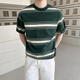 轻熟风男士夏季条纹拼色宽松落肩T恤白A407-DT62-P55，男装T恤，电商A407