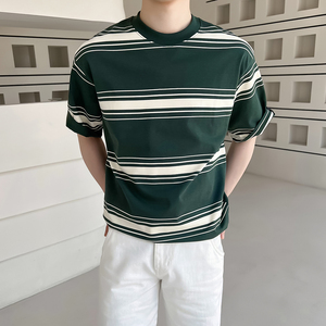 轻熟风男士夏季条纹拼色宽松落肩T恤白A407-DT62-P55图片
