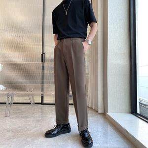 男士网红风垂感阔腿裤宽松直筒松紧腰长裤男西装裤杏K281-P75控98图片
