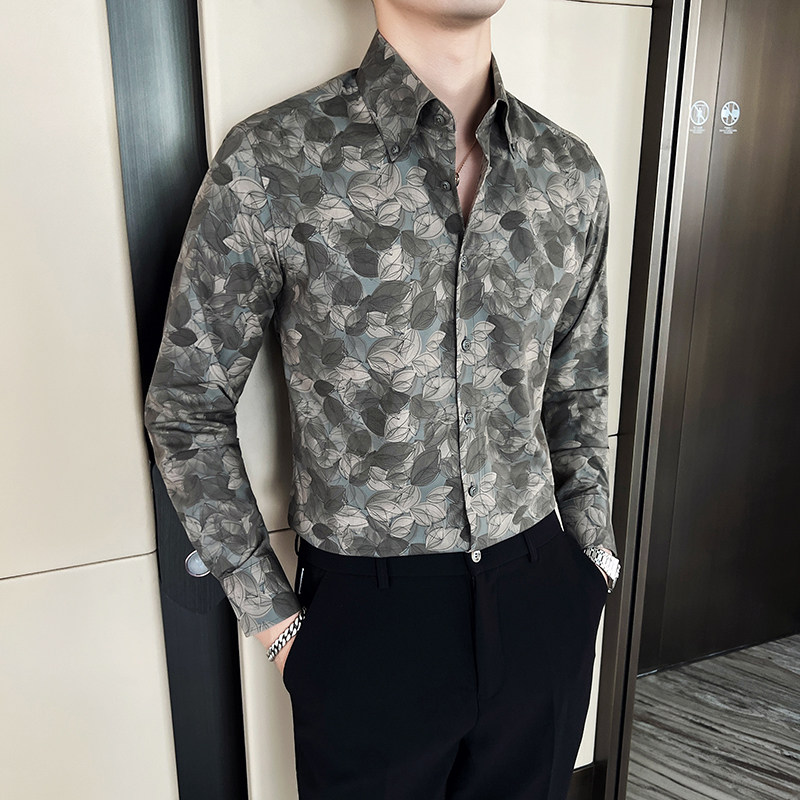 2025男士新款商务休闲大尖领长袖碎花衬衫绿A407-CS93-P68,男装衬衫,电商A407
