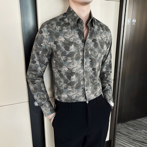 2025男士新款商务休闲大尖领长袖碎花衬衫绿A407-CS93-P68图片