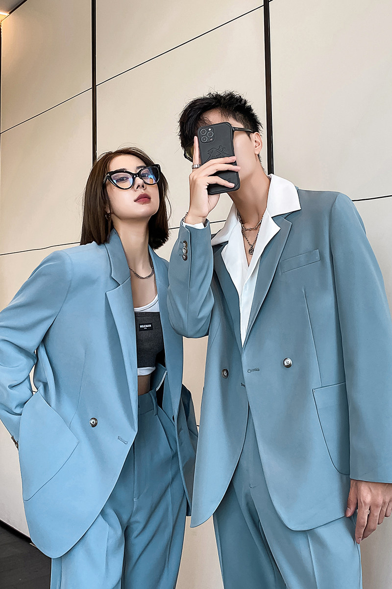 ins轻熟风新款情侣西服男女休闲微宽松垂感西装蓝XZ299-P155控198,男装西服套装,电商A407