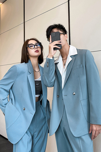 ins轻熟风新款情侣西服男女休闲微宽松垂感西装蓝XZ299-P155控198图片