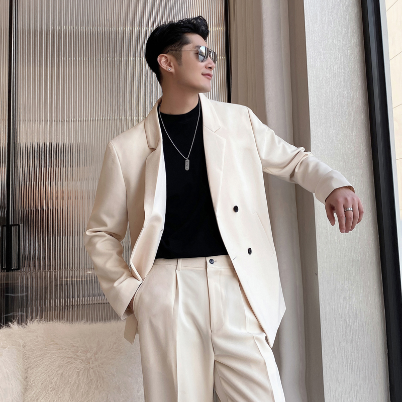 男士网红纯色格子垂感宽松西服外套男青年西装杏XZ281-P165控198，男装西服套装，电商A407