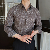 男士长袖印花衬衣痞帅高级修身英伦风春秋衬衫A407-CS108-P70黑，男装衬衫，电商A407