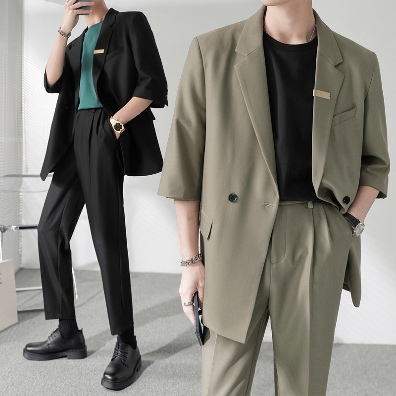 ins轻熟风纯色宽松落肩中袖西服外套男垂感西装拼XZ286/P145控198，男装西服套装，电商A407