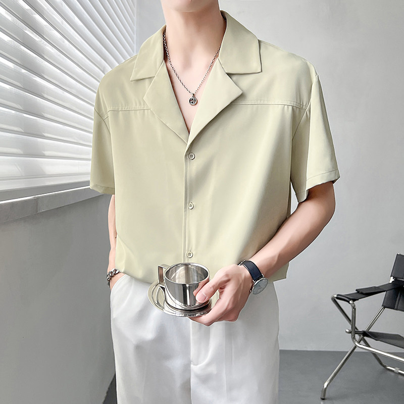 轻熟风男士夏季垂感短袖古巴领短袖衬衫绿A407-CS18-P50-控78图片