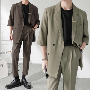 ins轻熟风纯色宽松落肩中袖西服外套男垂感西装XZ286/P145控198图片