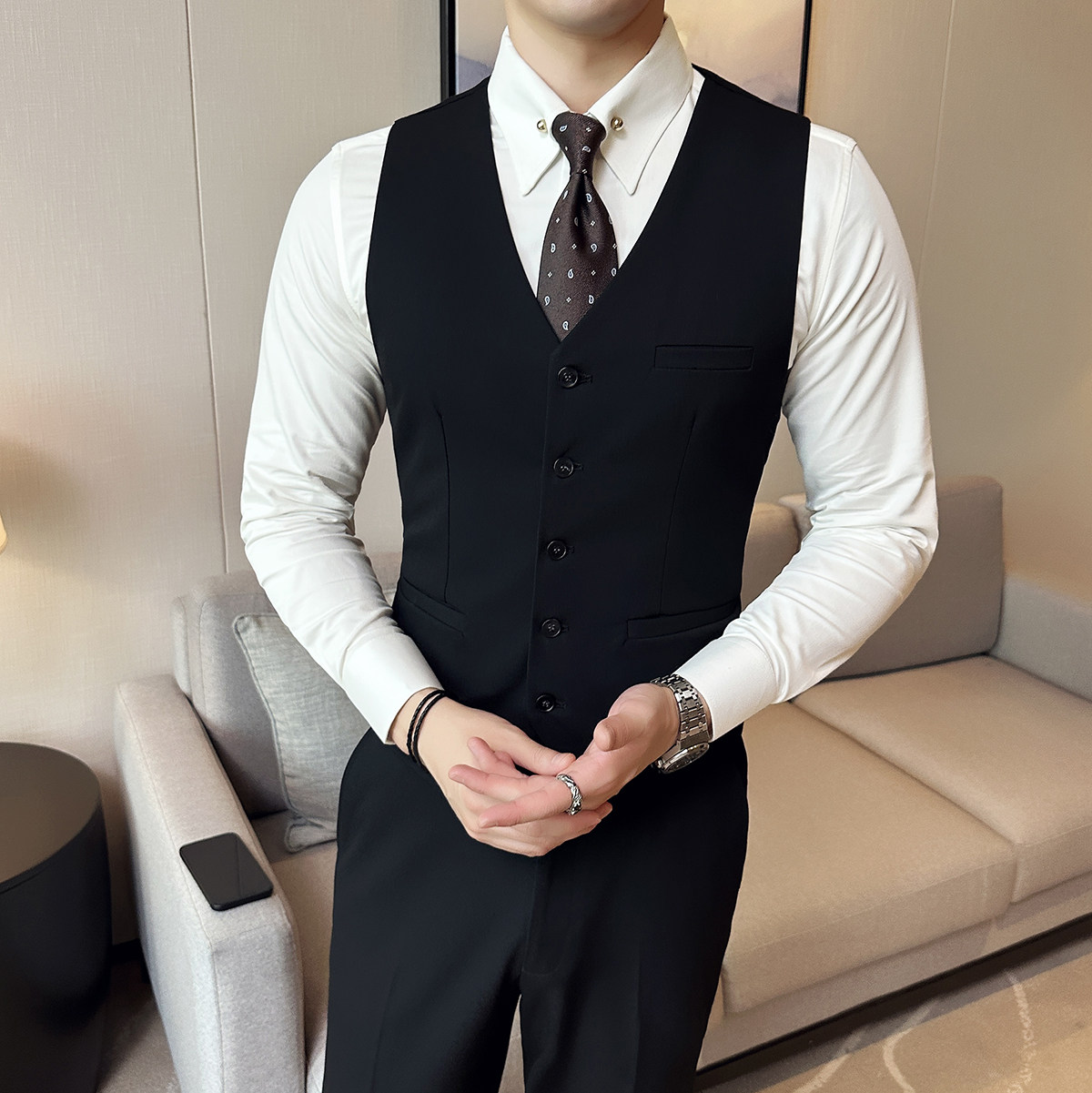 2025新款男士单排商务休闲V领修身马甲新郎伴郎服A407-MJ338-P45图片