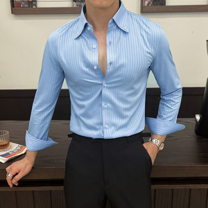 男士新款长袖暗条纹修身衬衫男式翻领衬衣痞帅上衣CS122-P75兰图片
