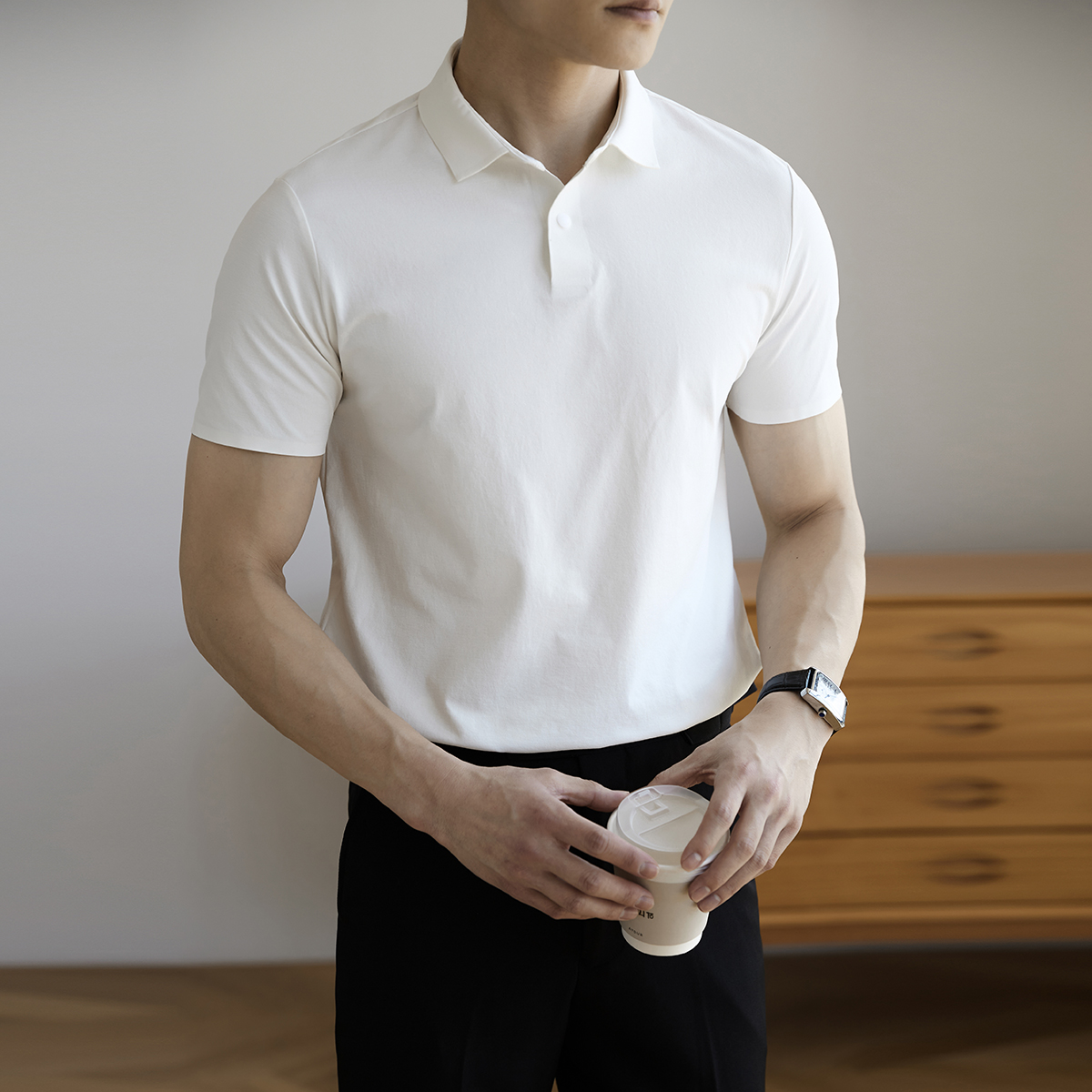 DT95-P40男士翻领POLO衫短袖休闲修身商务绅士纯色百搭速干T恤白，男装T恤，电商A407