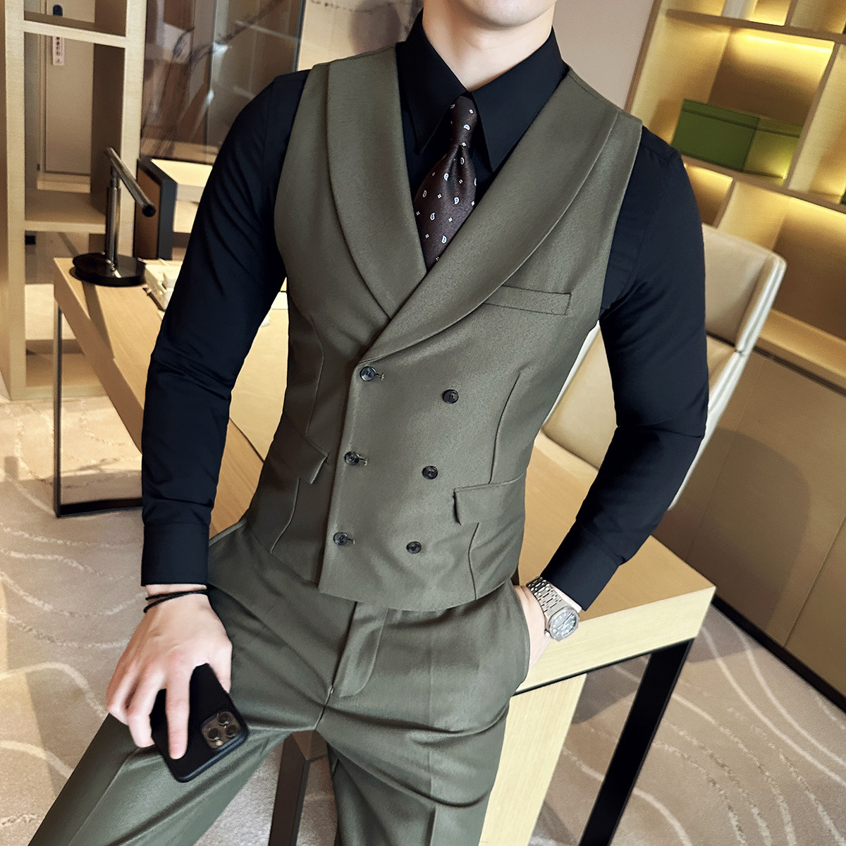 2025新款男士青果领新郎伴郎服双排马甲两件套装黑MJ300-P140,男装休闲套装,电商A407