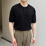 夏季弹力短袖男针织衫套头圆领T恤休闲亨利领薄款A407-DT84-P65黑，男装T恤，电商A407