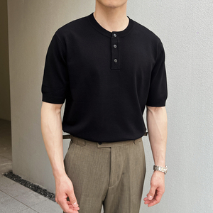 夏季弹力短袖男针织衫套头圆领T恤休闲亨利领薄款A407-DT84-P65咖图片