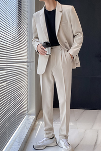 ins轻熟风新款男士微宽松纯色西服上衣男西装杏XZ299-P155控198图片