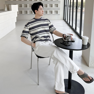 轻熟风男士夏季条纹拼色宽松落肩T恤灰A407-DT60-P55-控78图片