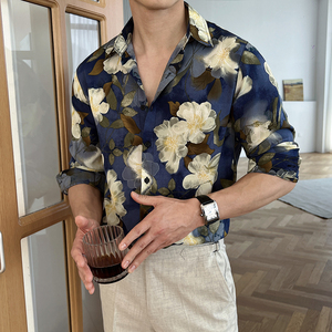 男士休闲垂感印花长袖衬衫轻熟慵懒风宽松免烫抗皱衬衣CS138/P60图片