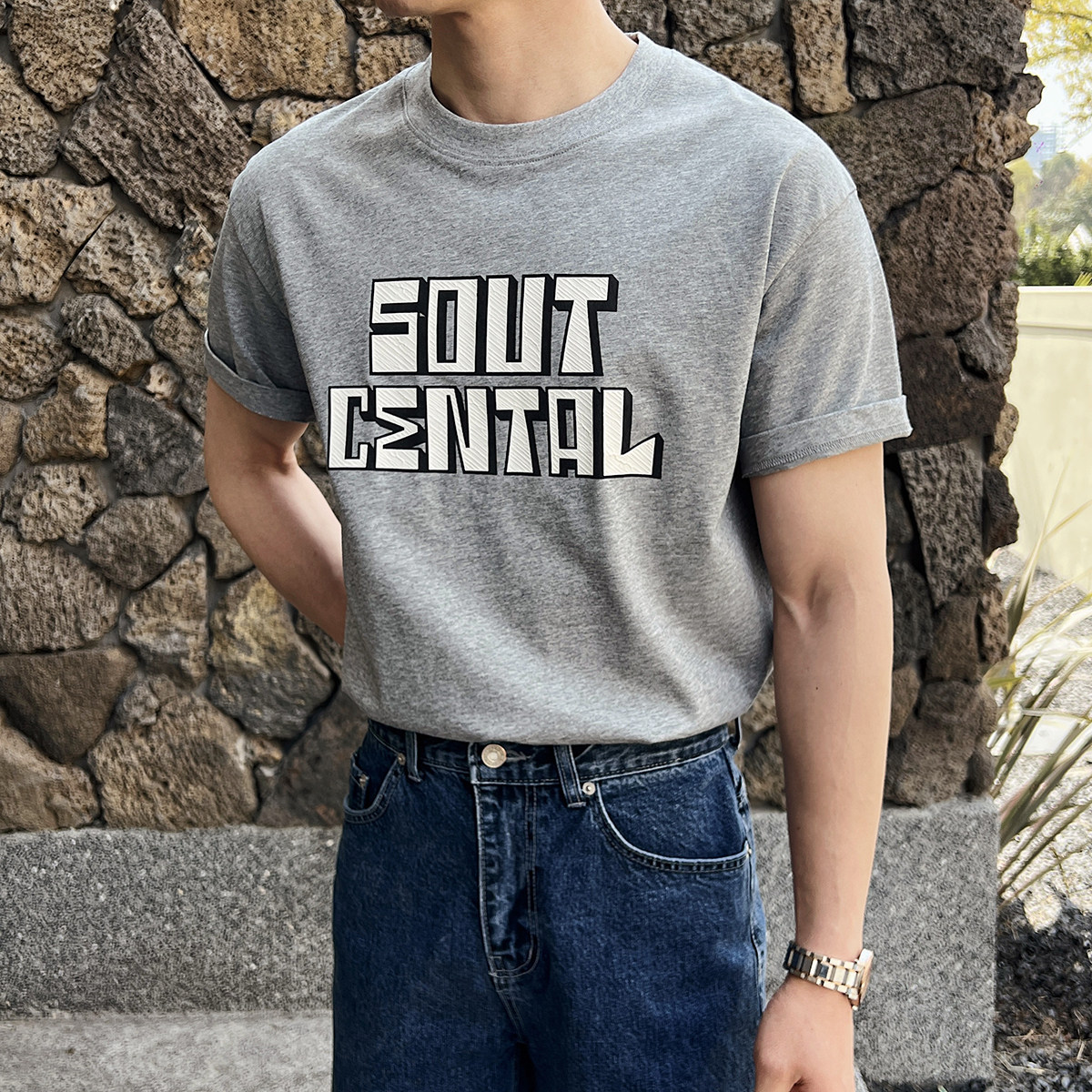 男士夏季英伦风短袖字母圆领T恤轻熟五分袖T恤衫A407-DT87-P60灰图片