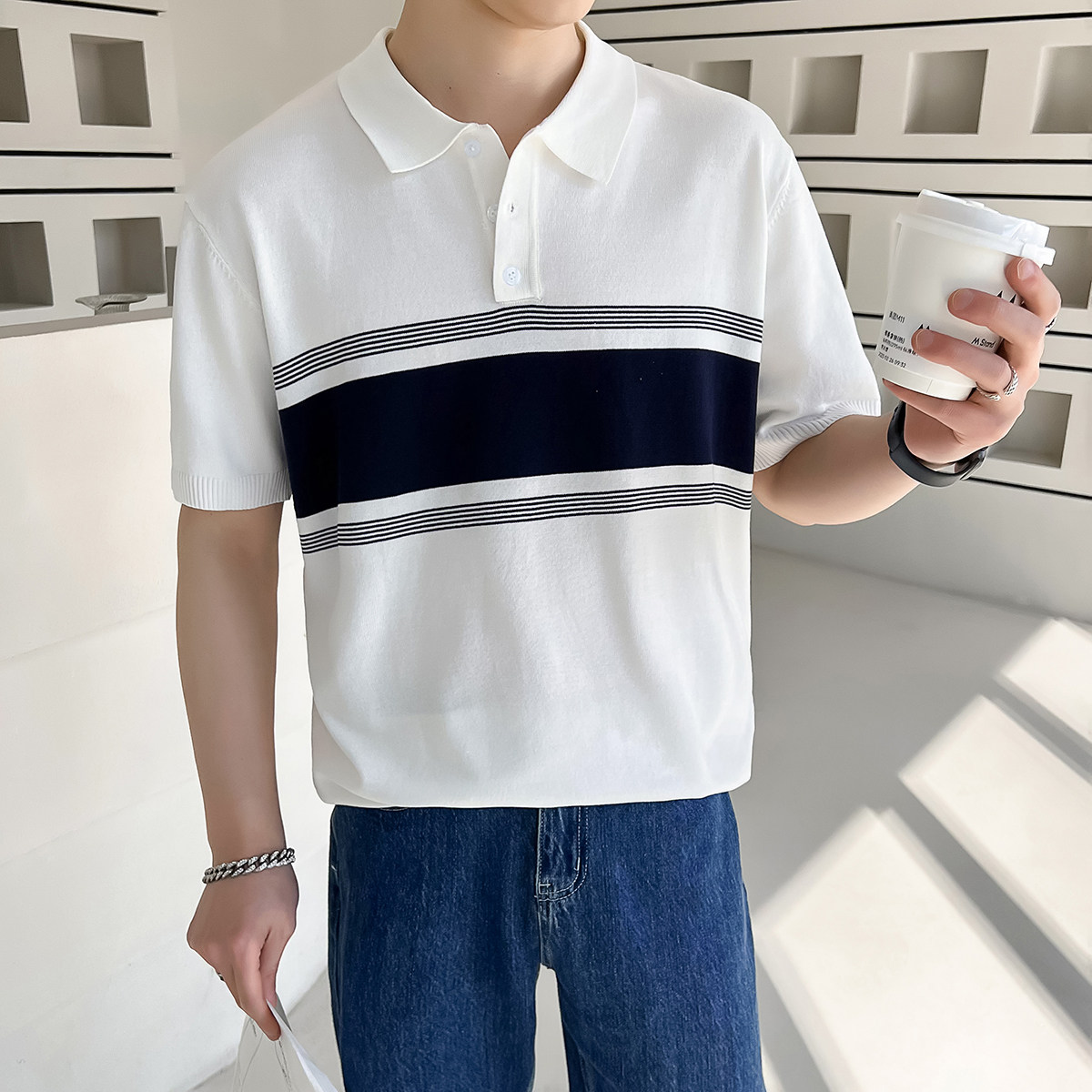 轻熟风男士夏季短袖针织翻领polo衫半袖t恤白A407-DT63-P55控78,男装T恤,电商A407