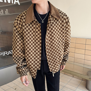 2025秋冬新款轻熟风男士棋盘格夹克外套咖A407-JK07-P145控178图片