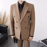 2022主推男士英伦风双排扣尖领西装多色商务西服杏XZ315-P155，男装西服套装，电商A407