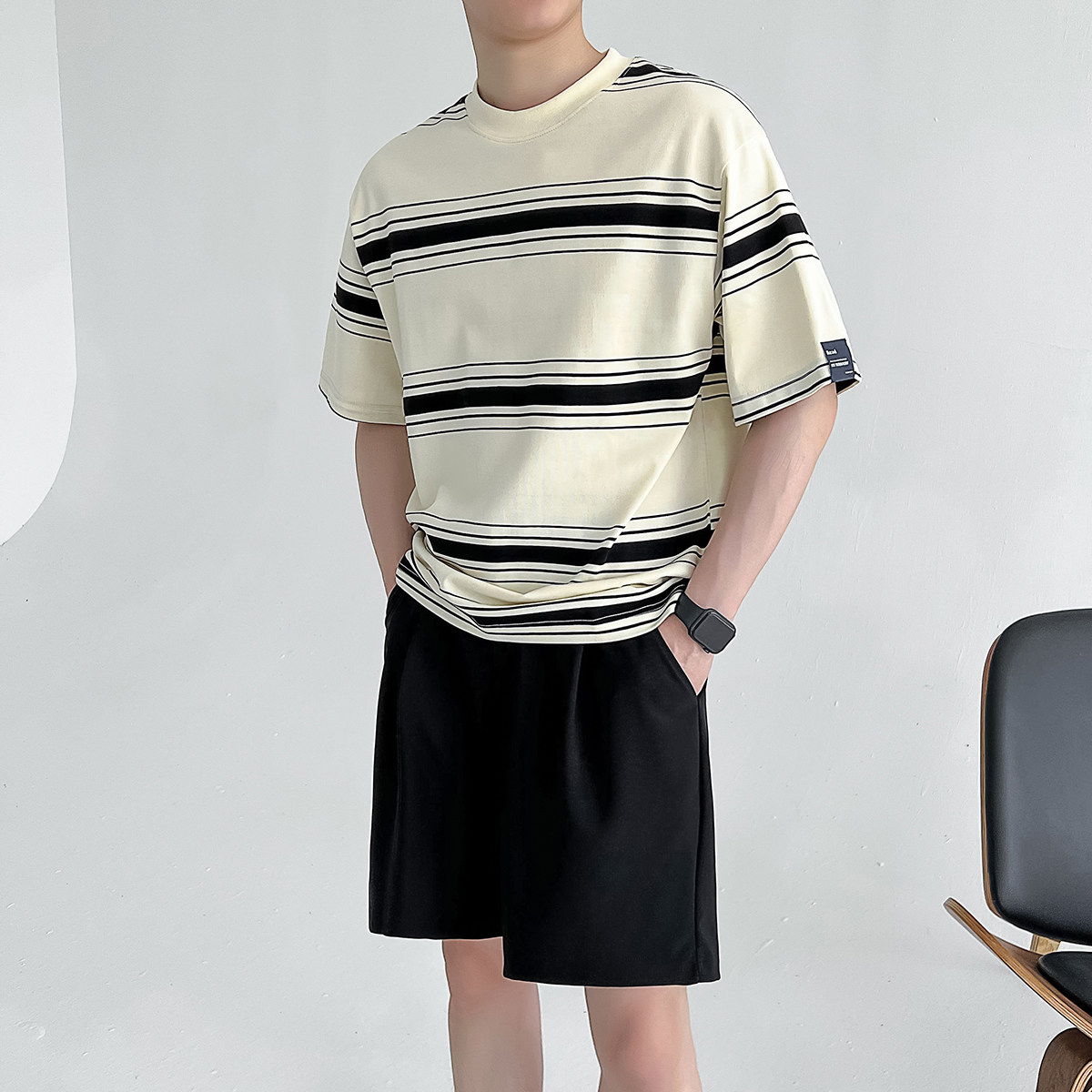 轻熟风男士夏季条纹拼色宽松落肩T恤白A407-DT62-P55图片