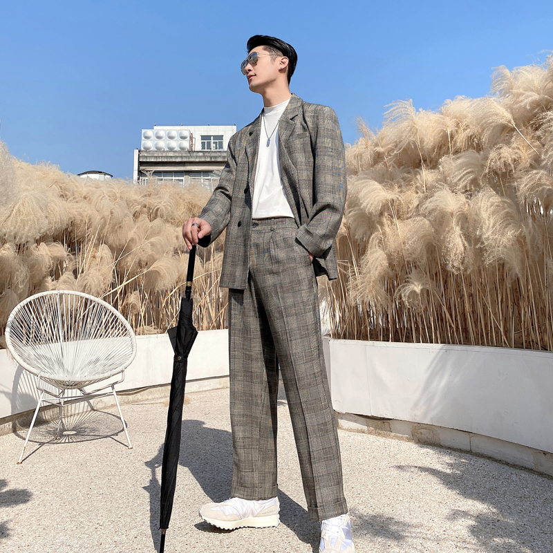 男士网红纯色格子垂感宽松西服外套男青年西装格XZ281-P165控198，男装西服套装，电商A407