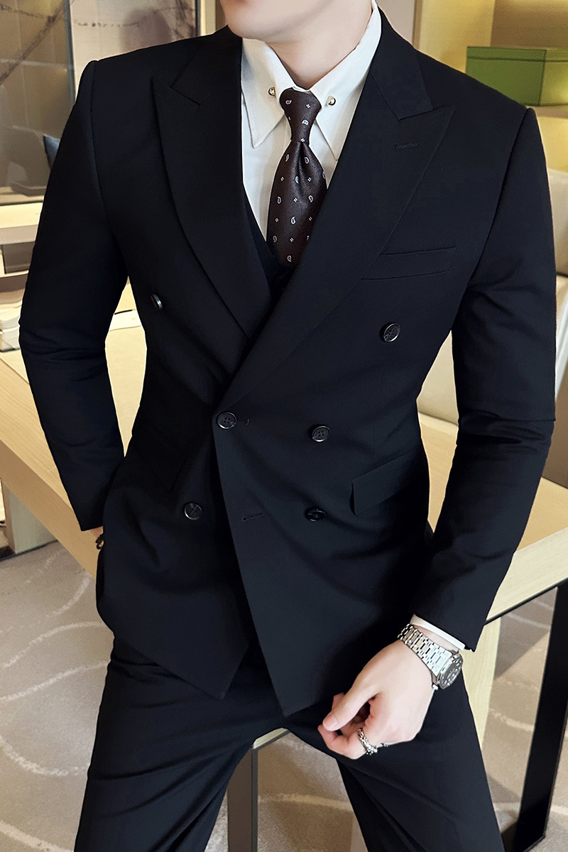 男士结婚礼服双排扣枪驳领西服修身新郎伴郎服A407/XZ338黑-P125,男装西服,电商A407