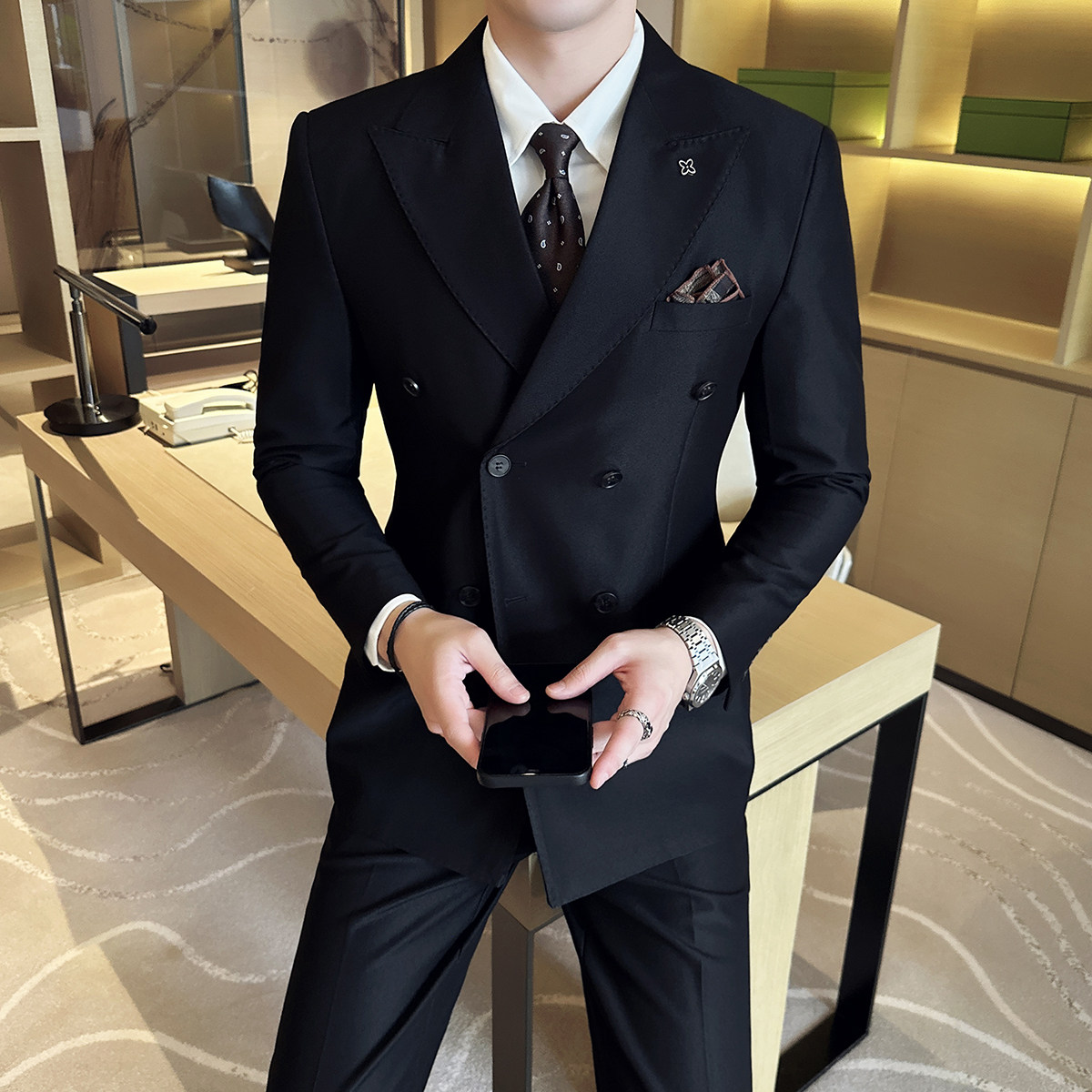 23新款男士英伦风双排扣尖领西装多色商务三件套装咖SJT315-P295,男装西服套装,电商A407