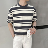 轻熟风男士夏季条纹拼色宽松落肩T恤灰A407-DT60-P55-控78，男装T恤，电商A407