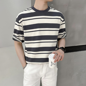 轻熟风男士夏季条纹拼色宽松落肩T恤灰A407-DT60-P55-控78，男装T恤，电商A407
